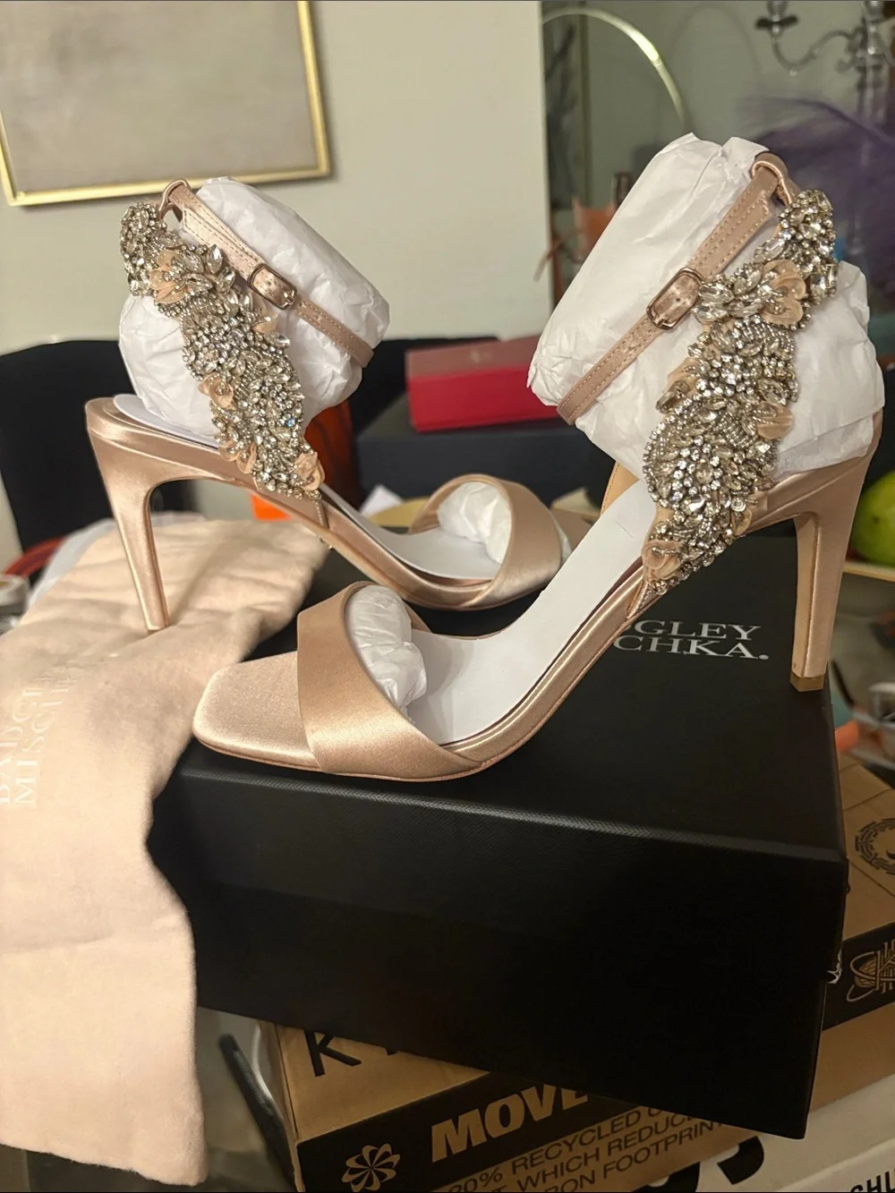 Badgley Mischka Rose Gold Crystal-Embellished Ankle-Strap Heels